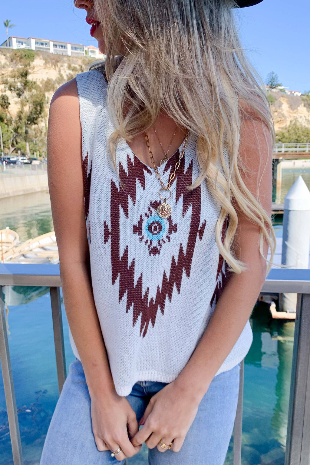 AMOLI - Multi Aztec Print Sleeveless V-Neck Knit Cami Tank Top