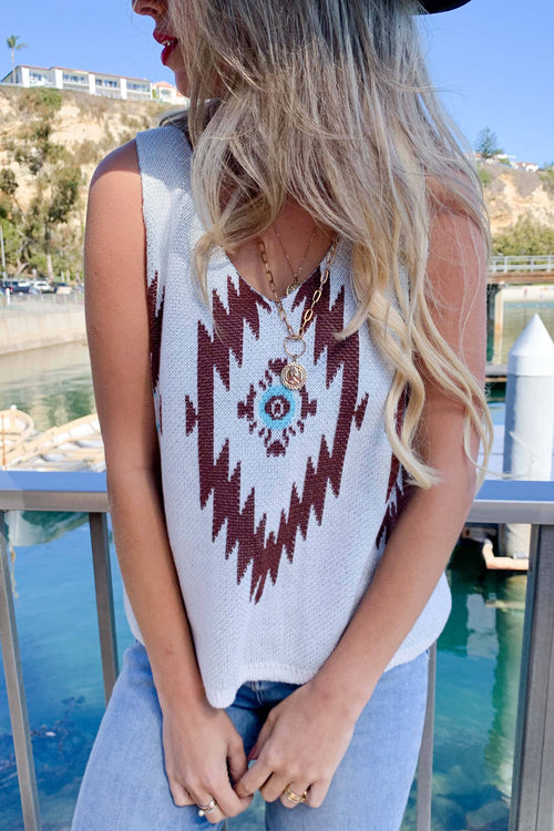 AMOLI - Multi Aztec Print Sleeveless V-Neck Knit Cami Tank Top