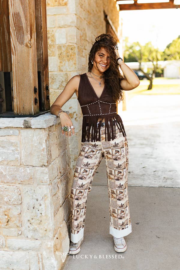 LUCKY & BLESSED - Beige Vintage Horse Cowboy Printed Boyfriend Mid Rise Jeans