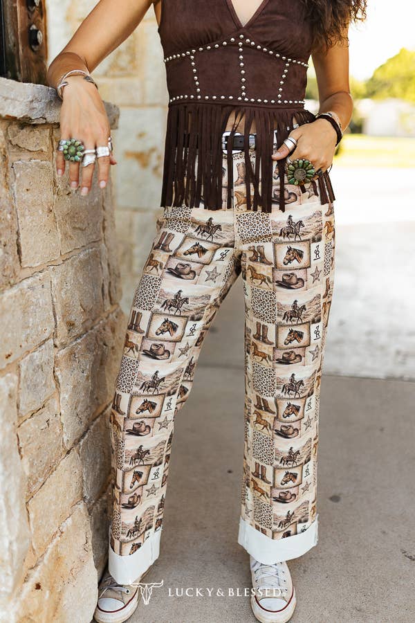 LUCKY & BLESSED - Beige Vintage Horse Cowboy Printed Boyfriend Mid Rise Jeans