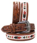 Challenger - Men Western 1-1/2" Floral Tooled Beaded Full-Grain Tan Leather Belt 26RS75