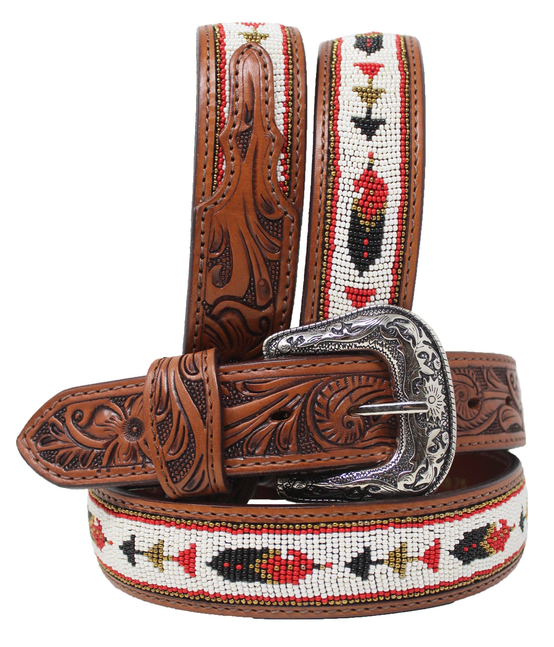 Challenger - Men Western 1-1/2" Floral Tooled Beaded Full-Grain Tan Leather Belt 26RS75
