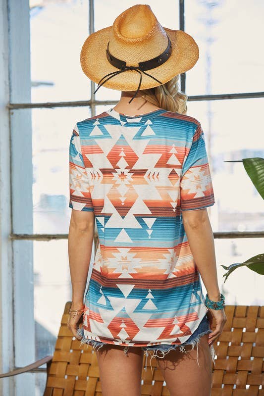 Avery - AV407-EVERLY AZTEC PRINT RELAXED V NECK TOP