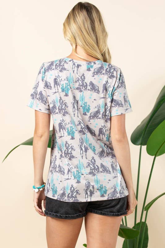 Avery - AT1303-BARB WESTERN PRINT SHORT SLEEVE V-NECK TEE