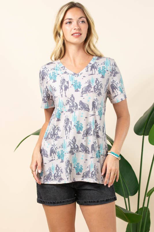Avery - AT1303-BARB WESTERN PRINT SHORT SLEEVE V-NECK TEE