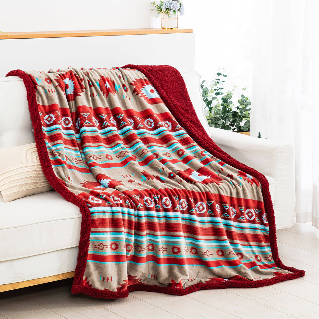 Linen Mart - Stella Aztec Sherpa Line Throw  Blanket
