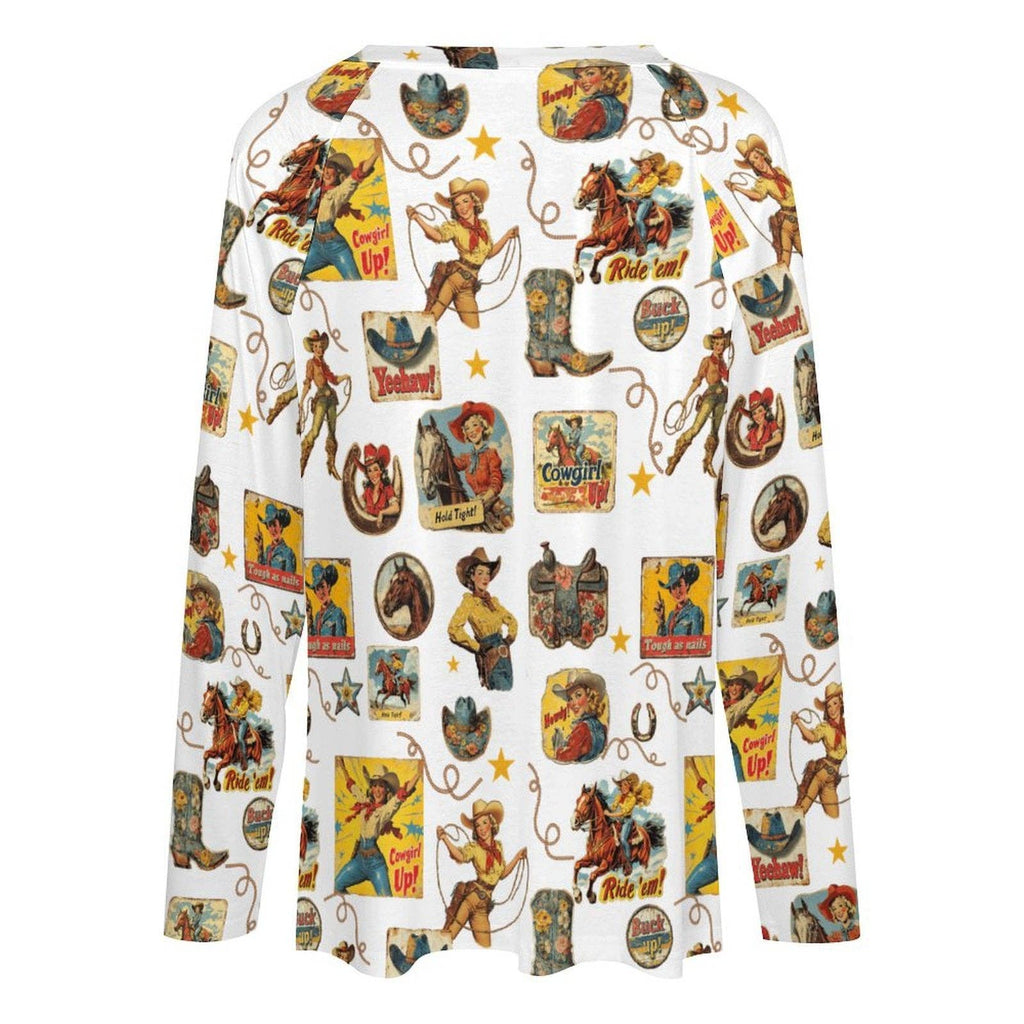BAHA RANCH WESTERN WEAR - Baha Ranch Vintage Cowgirl Collage Western Print Long Sleeve Top