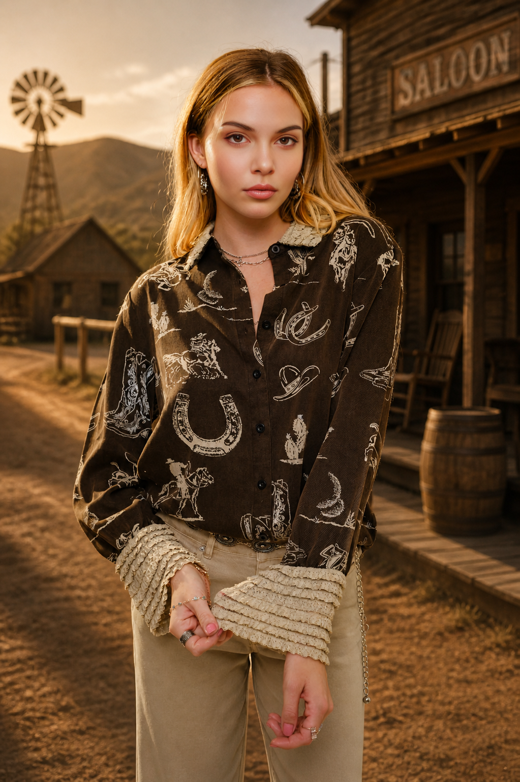 BONA BRAND - Tencel Western Print Lace Bell Cuff Collar Button Up Blouse