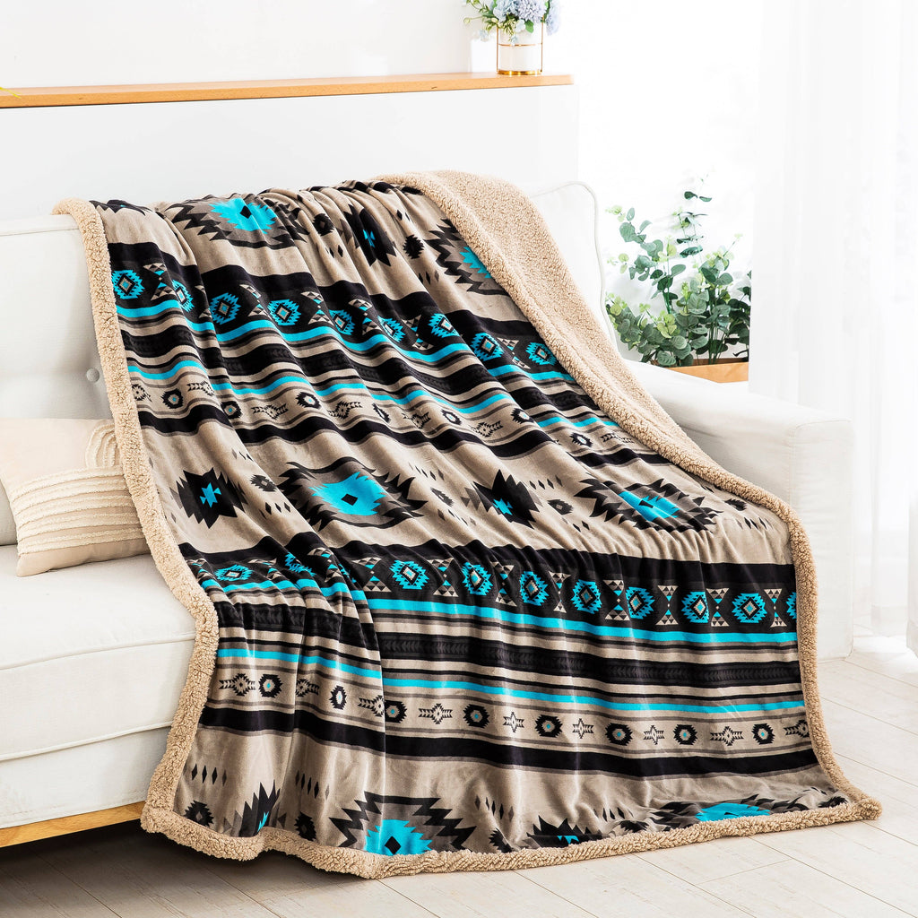 Linen Mart - Stella Aztec Sherpa Line Throw  Blanket