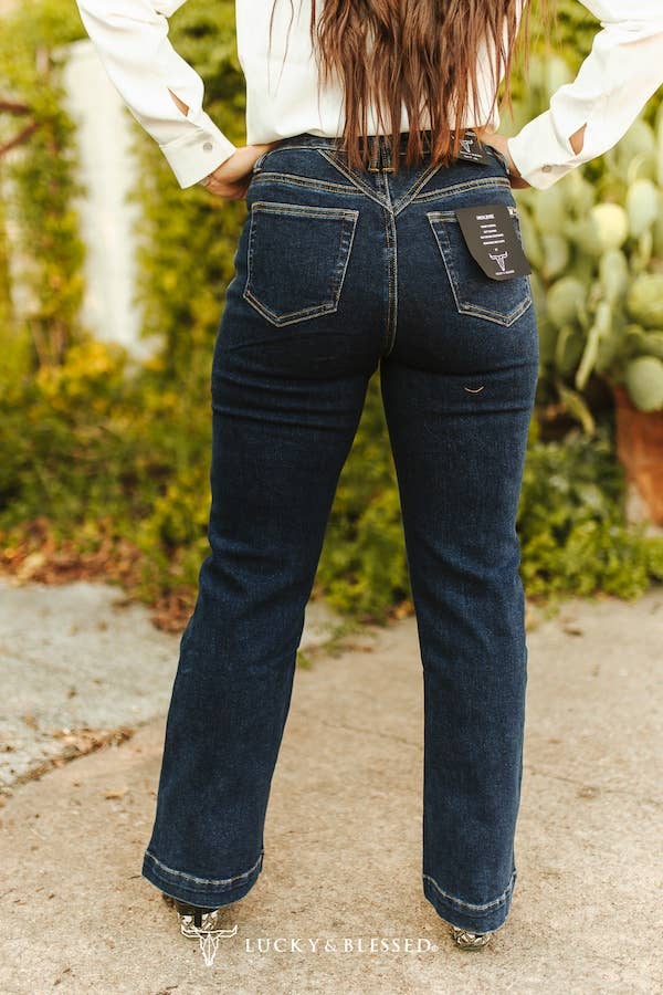 LUCKY & BLESSED - Dark Wash High Rise V-Yoke Trouser Denim Jeans-32" inseam