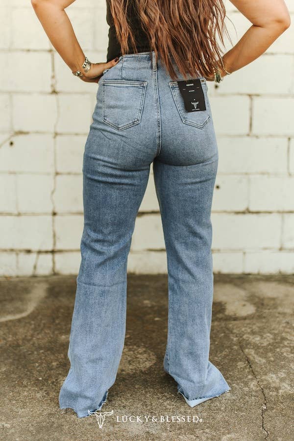 LUCKY & BLESSED - Mid Wash High Rise Boot Cut Jeans W Side Slit Hem