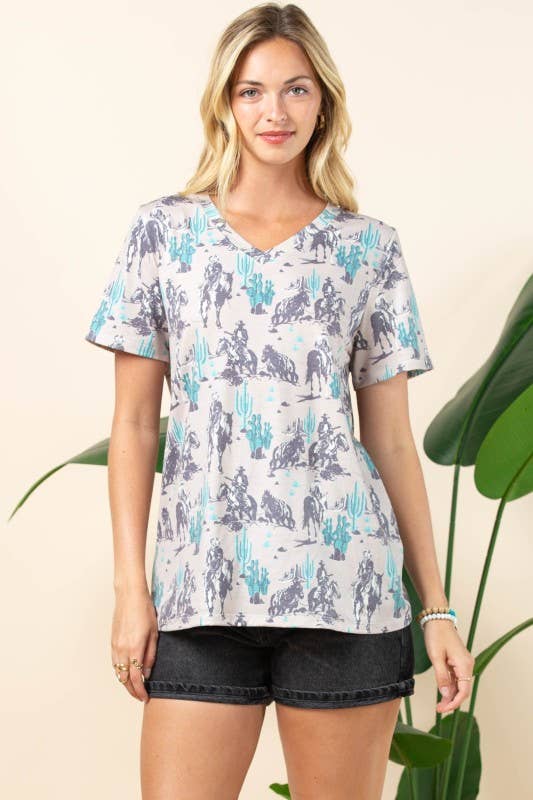 Avery - AT1303-BARB WESTERN PRINT SHORT SLEEVE V-NECK TEE