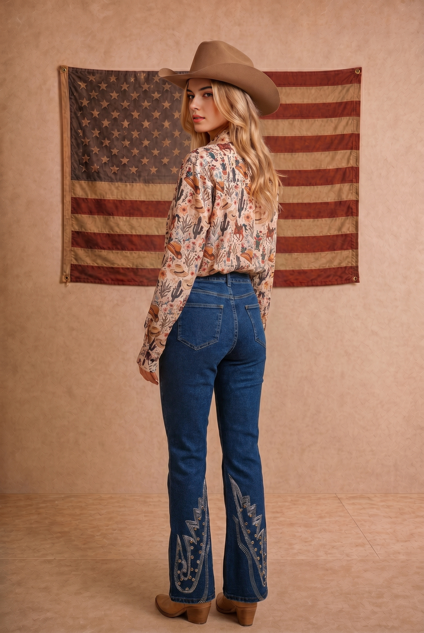 BONA BRAND - Western Print Chiffon Button Up Blouse