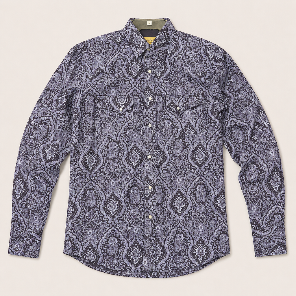 CowboyLegend - Men's Midnight Paisley Print Long Sleeve Cowboy Western Shirt