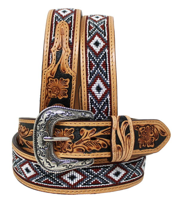 Challenger - Western Men Women 1-1/2" Wide Basket Tooled Beaded Full-Grain Tan Leather Belt 26RS44