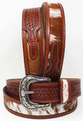 Challenger - Western 1-1/2" Wide Basket Weave Hairon Tooled Full-Grain Leather Belt 26RS13BR