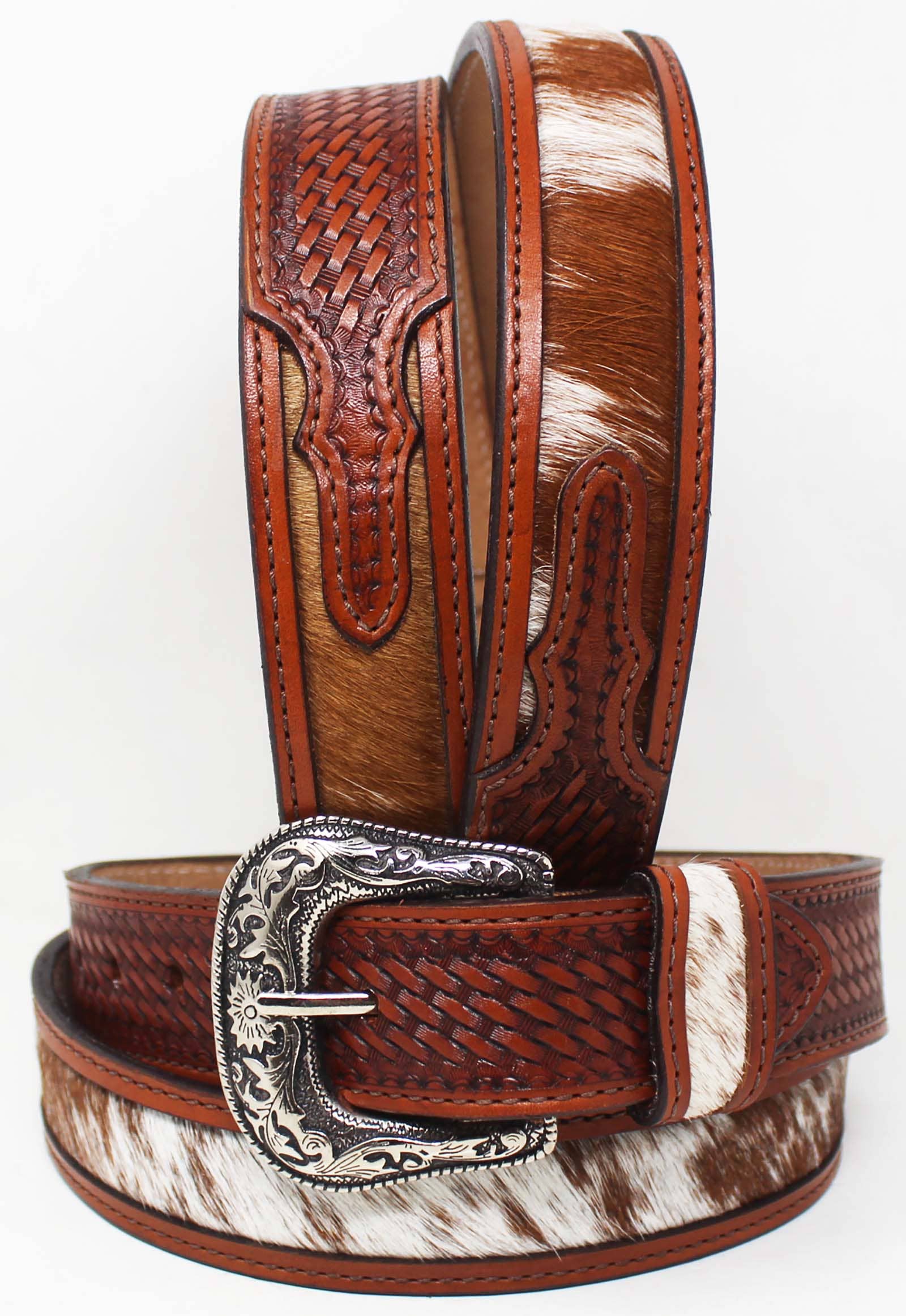 Challenger - Western 1-1/2" Wide Basket Weave Hairon Tooled Full-Grain Leather Belt 26RS13BR