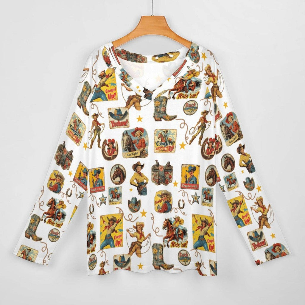 BAHA RANCH WESTERN WEAR - Baha Ranch Vintage Cowgirl Collage Western Print Long Sleeve Top