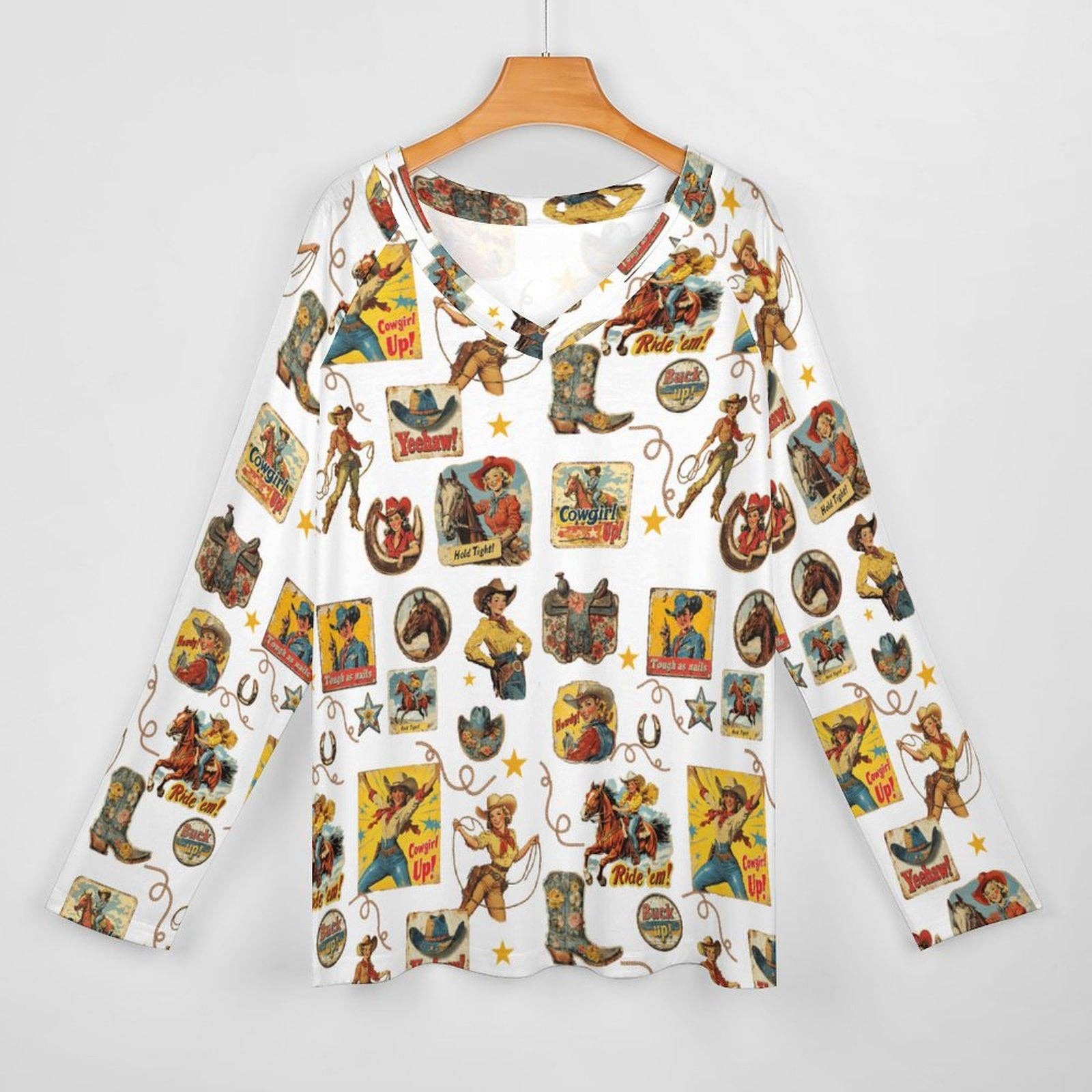 BAHA RANCH WESTERN WEAR - Baha Ranch Vintage Cowgirl Collage Western Print Long Sleeve Top