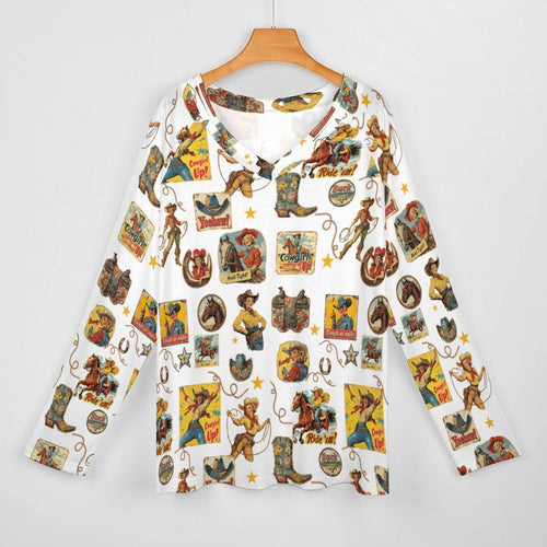 BAHA RANCH WESTERN WEAR - Baha Ranch Vintage Cowgirl Collage Western Print Long Sleeve Top