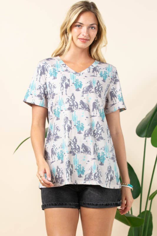 Avery - AT1303-BARB WESTERN PRINT SHORT SLEEVE V-NECK TEE