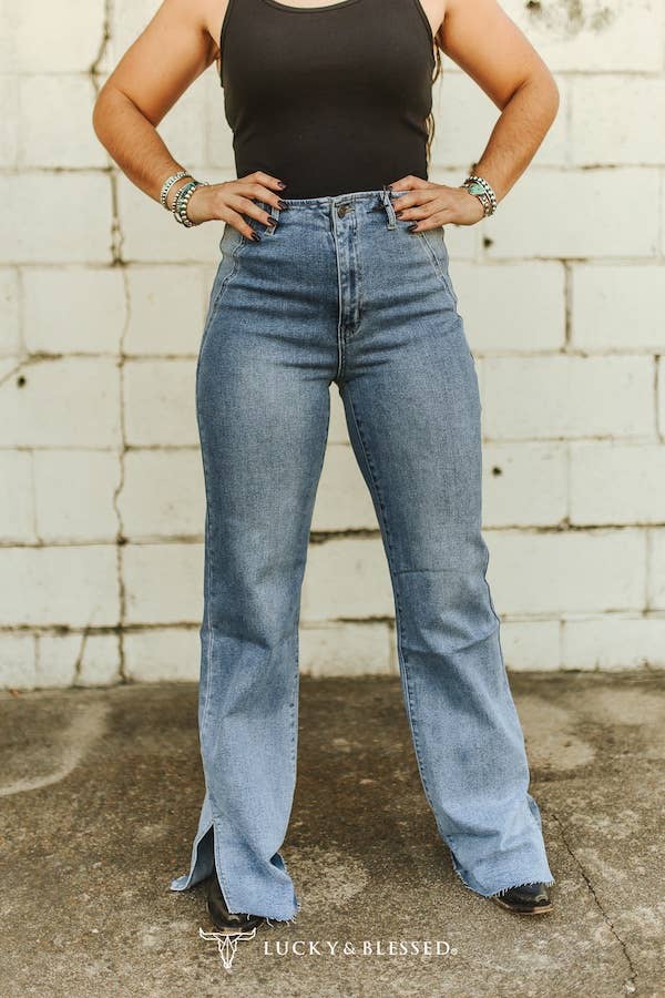 LUCKY & BLESSED - Mid Wash High Rise Boot Cut Jeans W Side Slit Hem