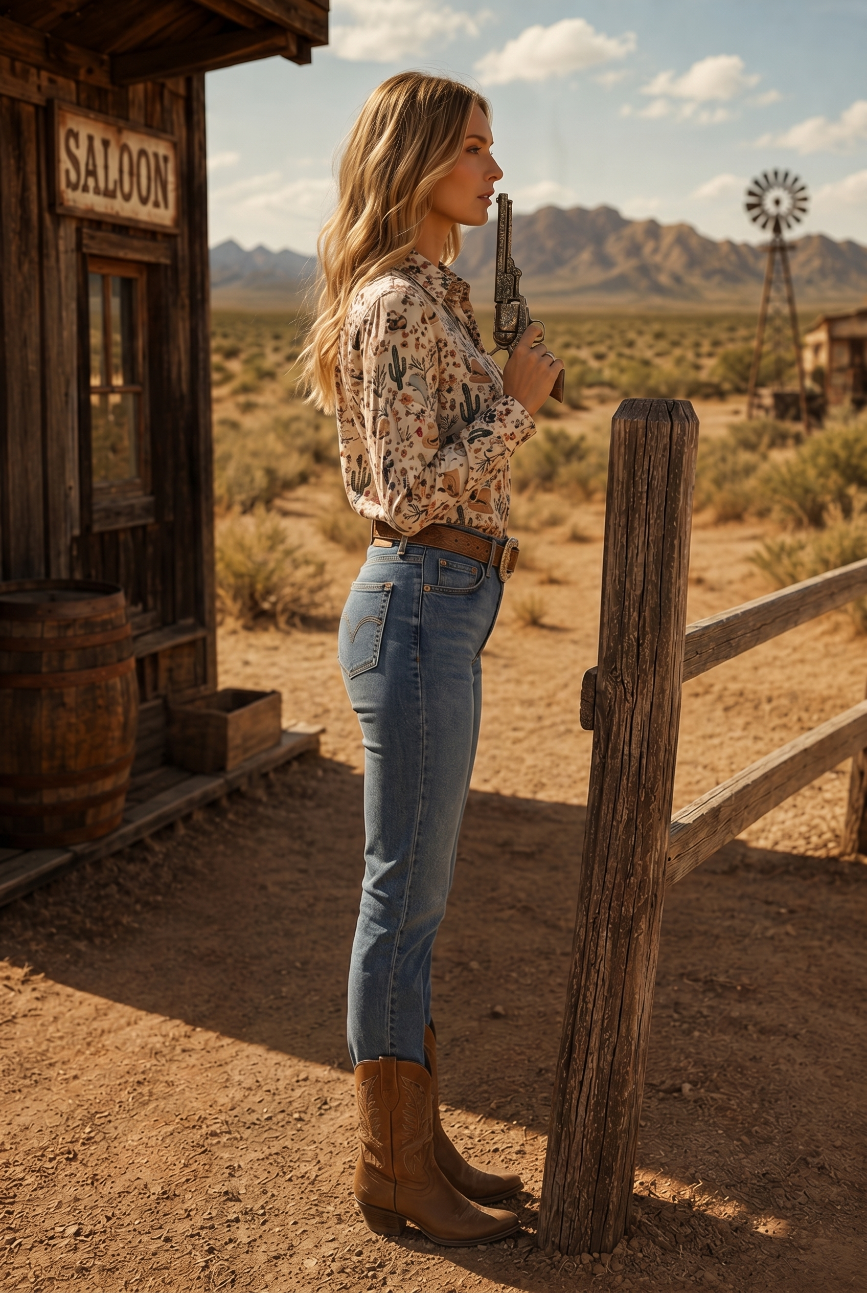 BONA BRAND - Western Print Chiffon Button Up Blouse
