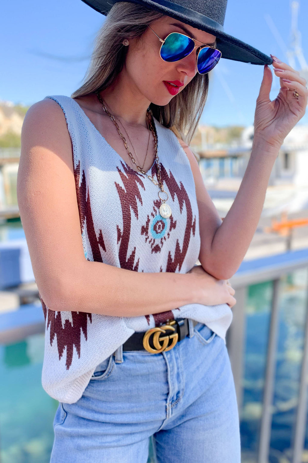 AMOLI - Multi Aztec Print Sleeveless V-Neck Knit Cami Tank Top