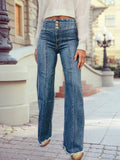 1 the Woman - High Waist Button Fly Seamed Raw Hem Flare Jeans with Pocket