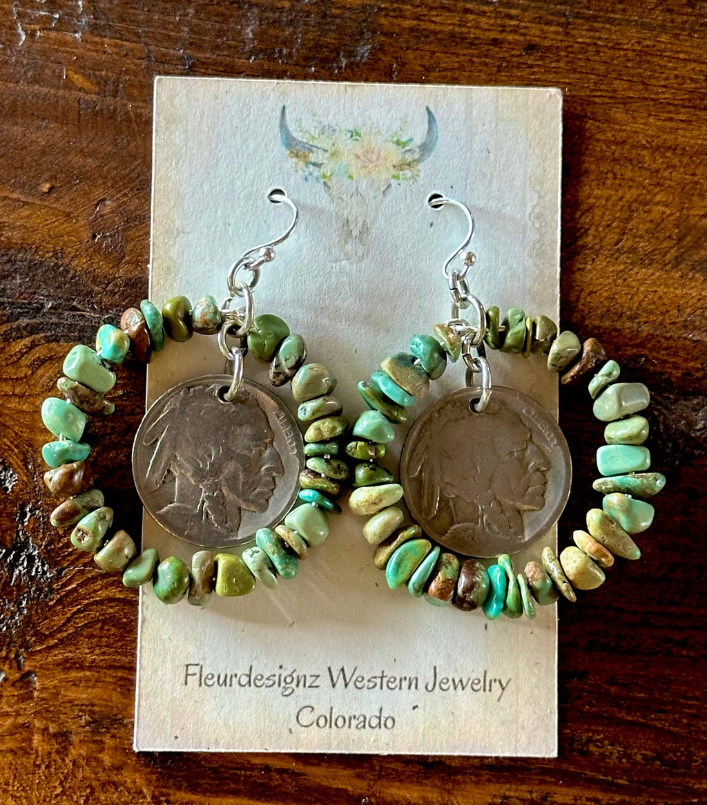 Fleurdesignz Western Jewelry - Sterling Silver and Natural Turquoise Hoop Earrings
