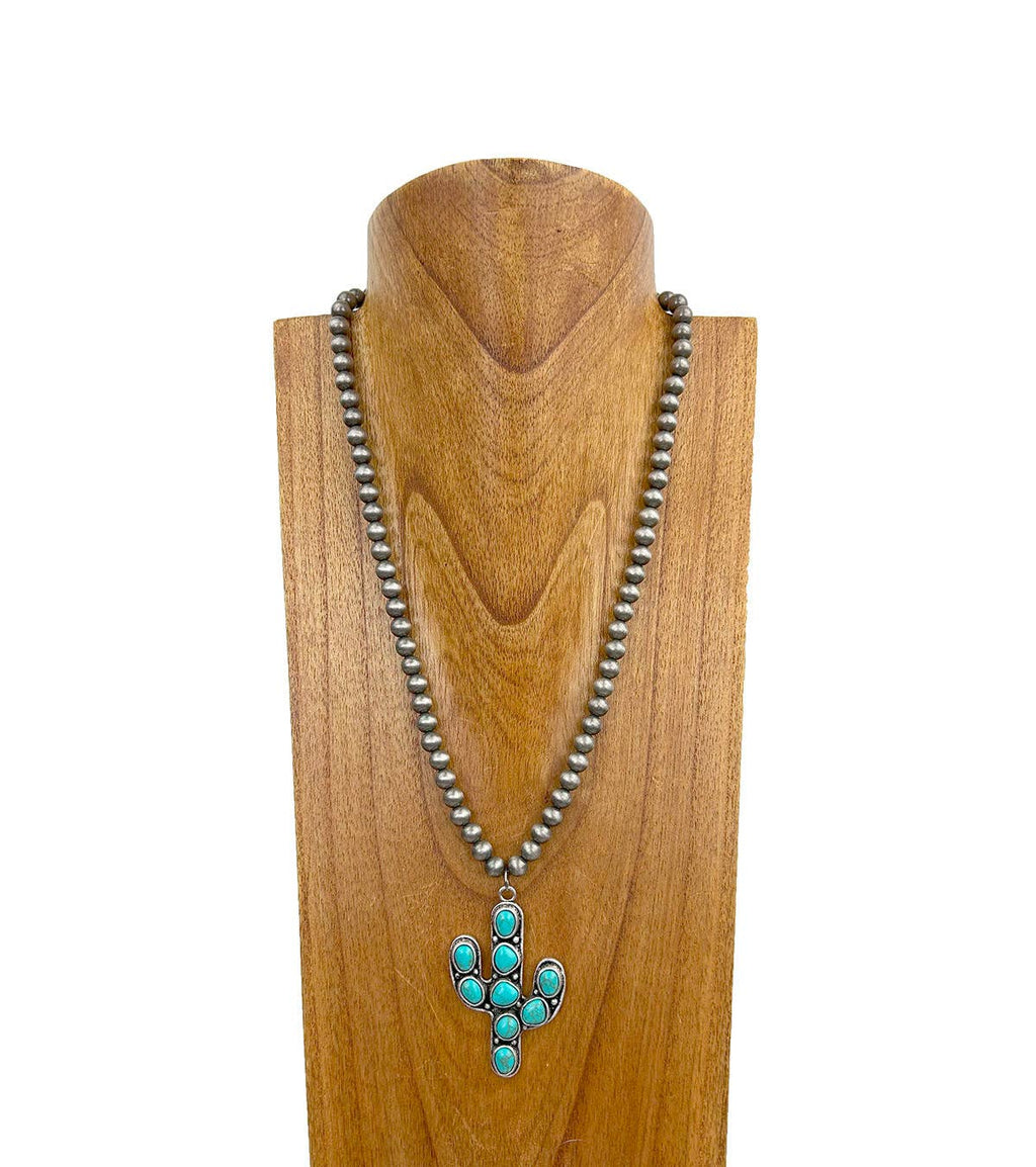 Western Elite Jewelry - NKY250109-35          23 Inches silver Navajo pearl beads with blue turquoise stone cactus pendent Necklace