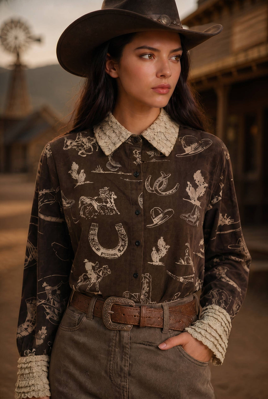 BONA BRAND - Tencel Western Print Lace Bell Cuff Collar Button Up Blouse