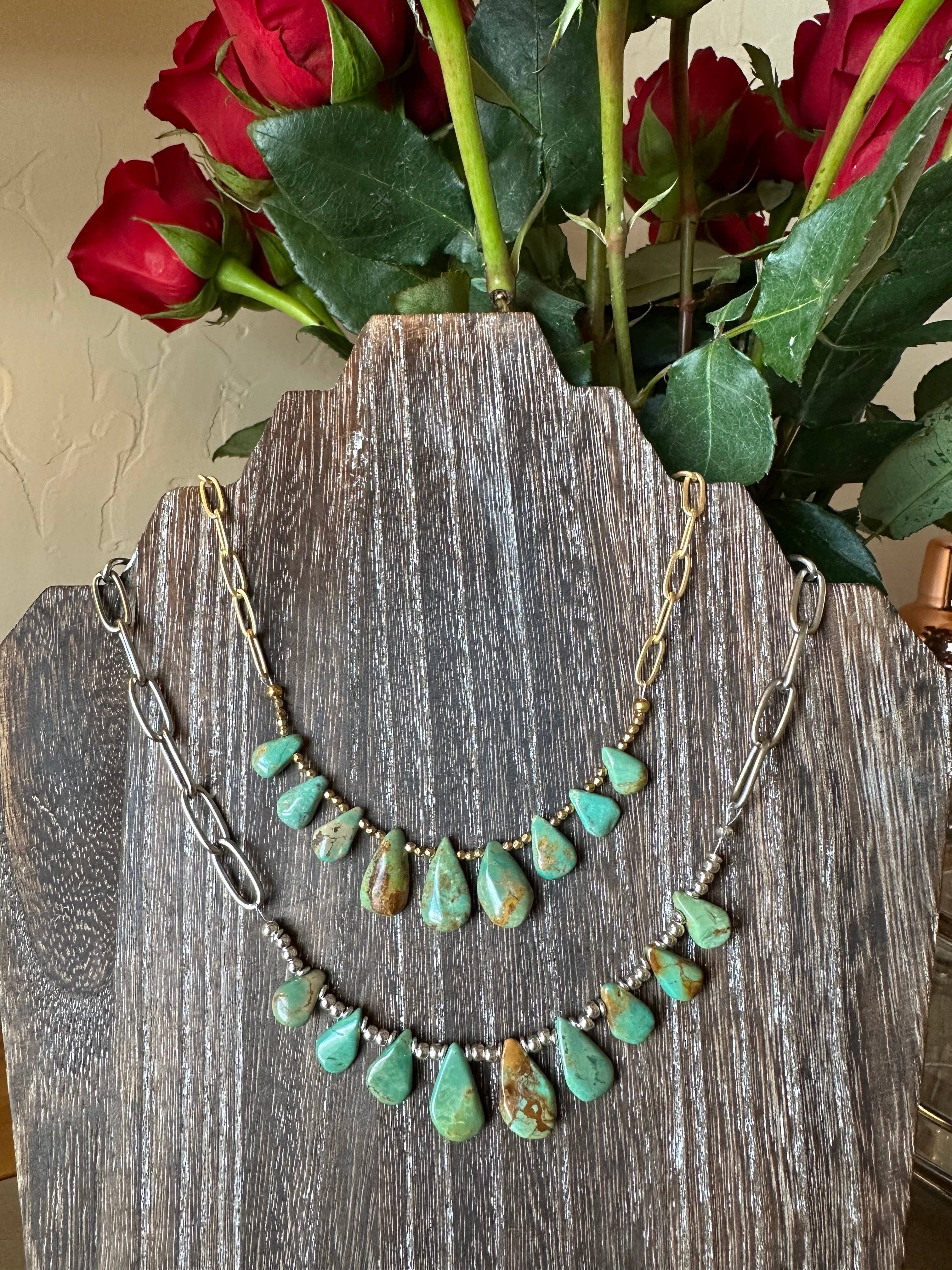 Fleurdesignz Western Jewelry - Natural turquoise Briolette Paperclip Chain Necklace/Choker