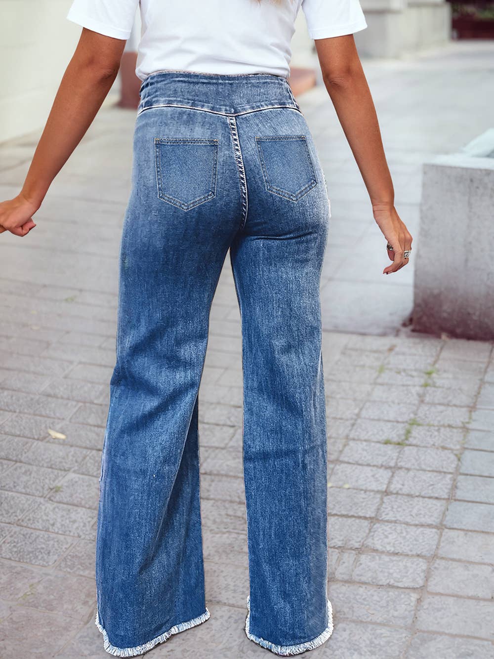 1 the Woman - High Waist Button Fly Seamed Raw Hem Flare Jeans with Pocket