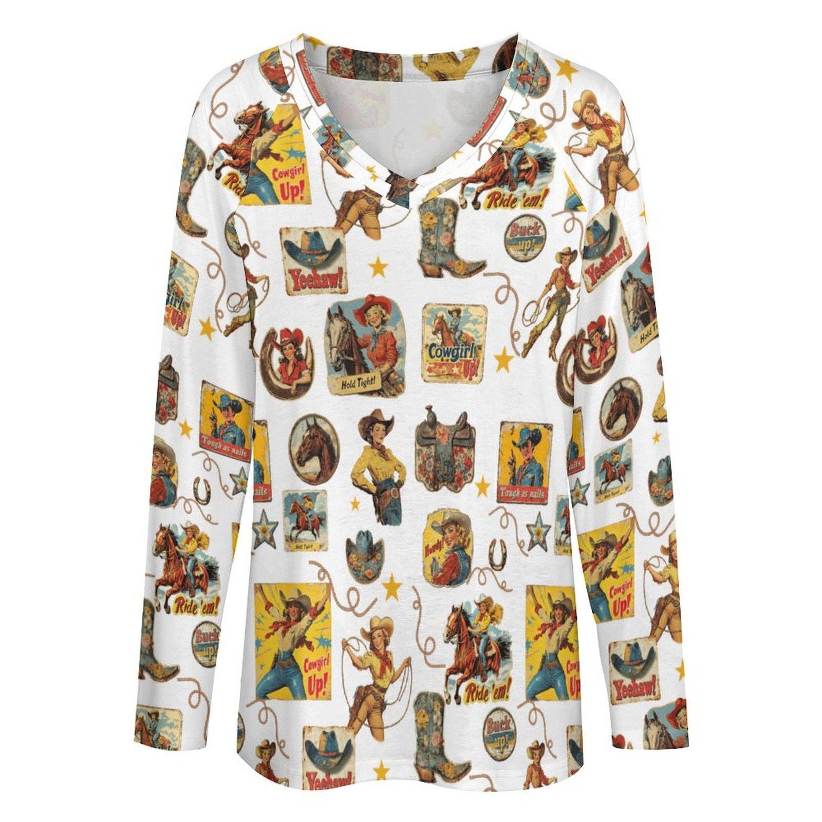 BAHA RANCH WESTERN WEAR - Baha Ranch Vintage Cowgirl Collage Western Print Long Sleeve Top