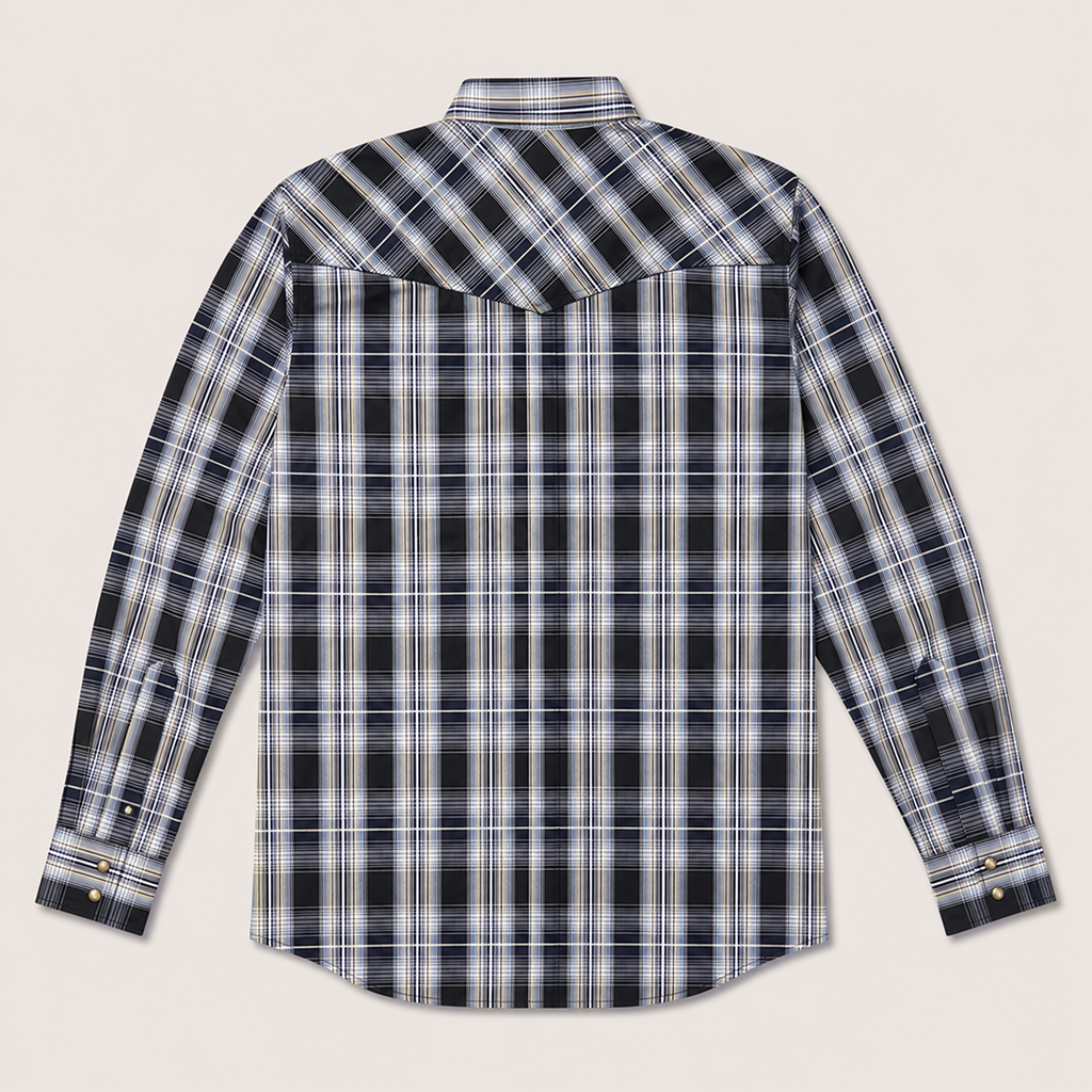 CowboyLegend - Men's Navy Plaid Long Sleeve Cowboy Western Snap Shirt