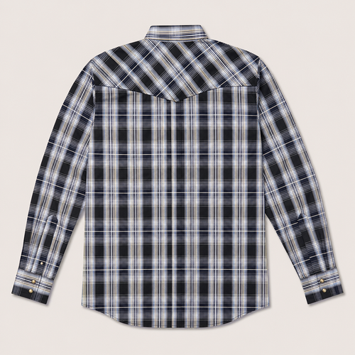 CowboyLegend - Men's Navy Plaid Long Sleeve Cowboy Western Snap Shirt