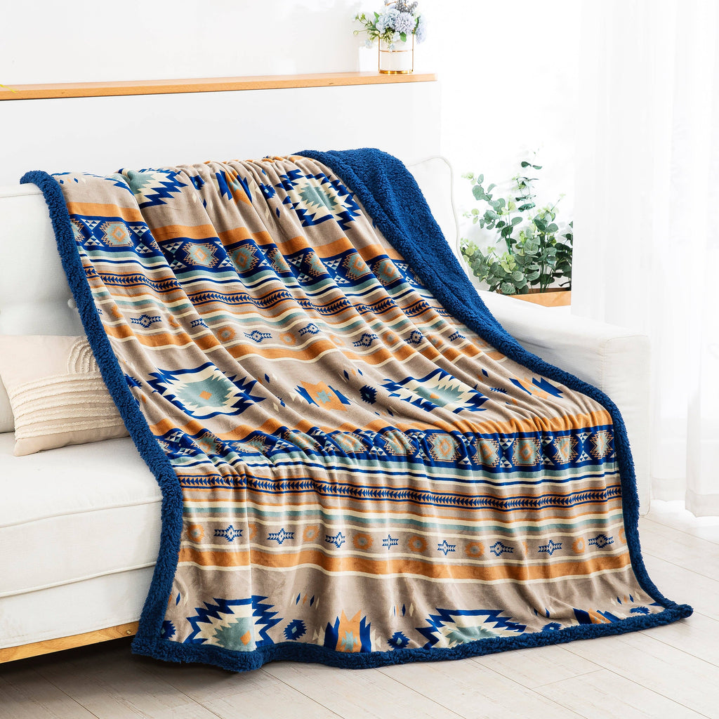 Linen Mart - Stella Aztec Sherpa Line Throw  Blanket