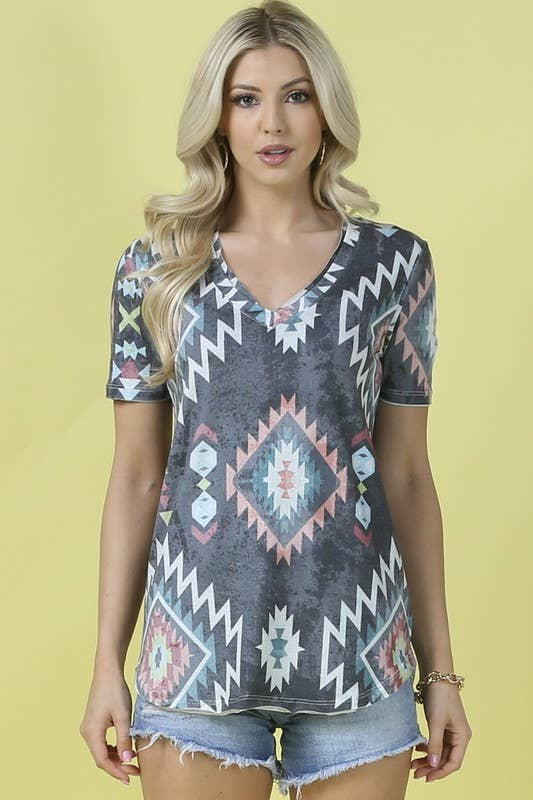 Avery - AV407-MONTREAL AZTEC PRINT SHORT SLEEVE V NECK TOP