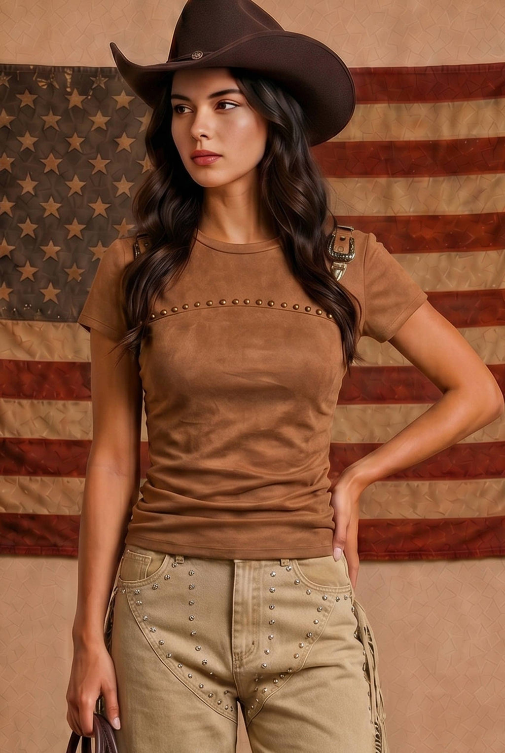 BONA BRAND - Suede Western Buckle Studded Top BONA37924T