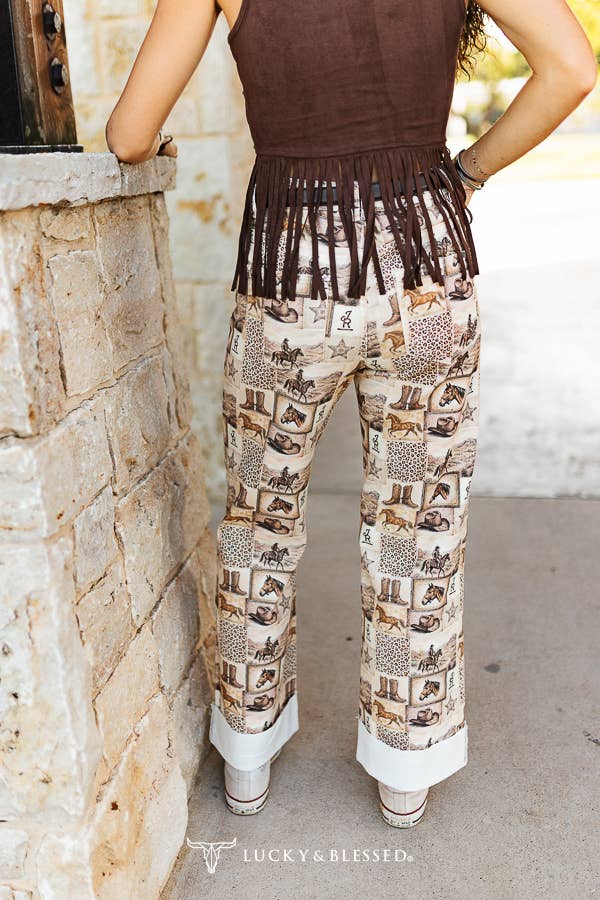LUCKY & BLESSED - Beige Vintage Horse Cowboy Printed Boyfriend Mid Rise Jeans