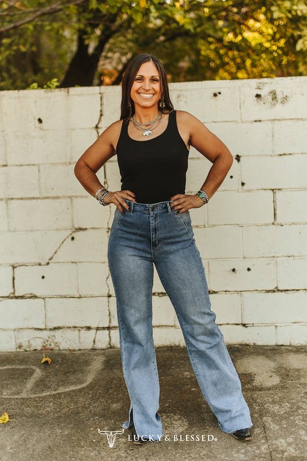 LUCKY & BLESSED - Mid Wash High Rise Boot Cut Jeans W Side Slit Hem