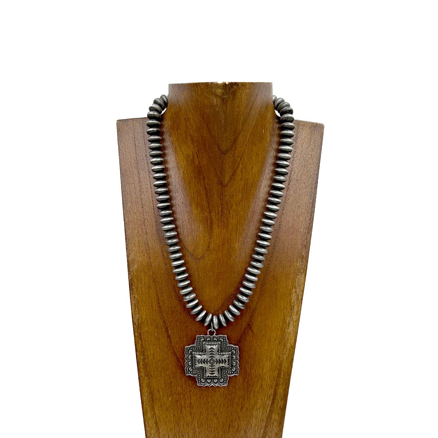 Western Elite Jewelry - NKS230708-23	"16 inches long Siver roundel Navajo pearl beads with silver  metal cross Necklace"