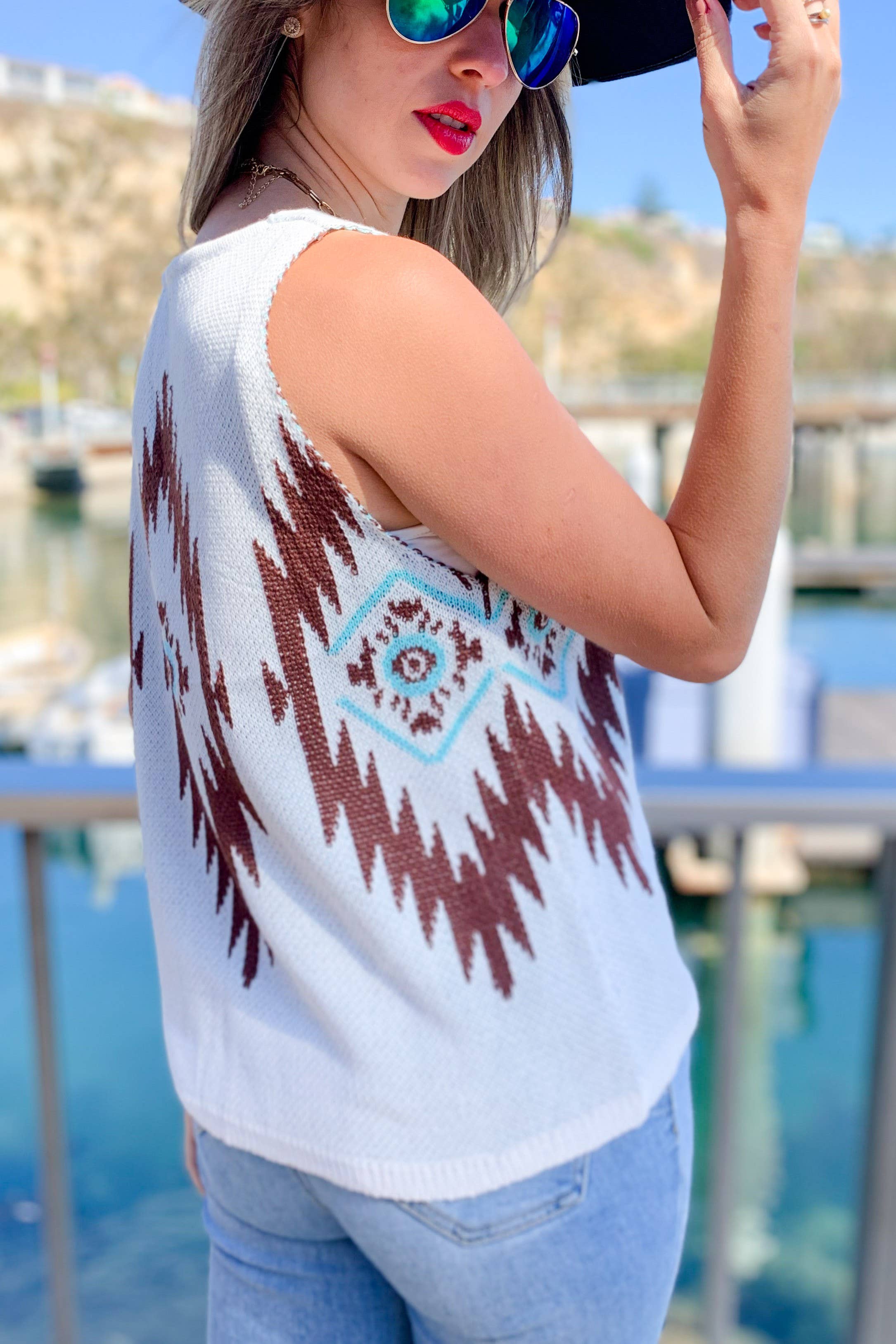 AMOLI - Multi Aztec Print Sleeveless V-Neck Knit Cami Tank Top