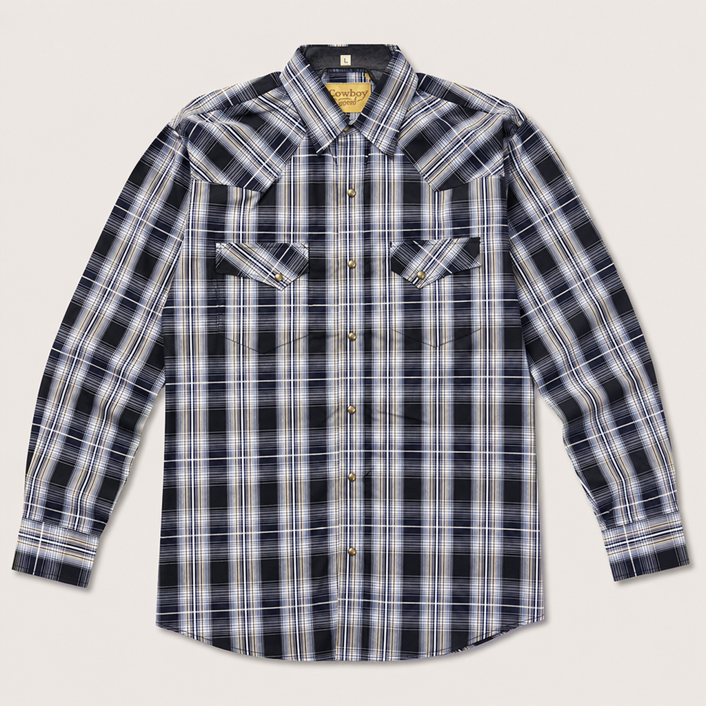 CowboyLegend - Men's Navy Plaid Long Sleeve Cowboy Western Snap Shirt