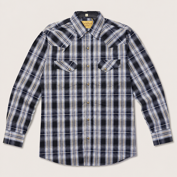 CowboyLegend - Men's Navy Plaid Long Sleeve Cowboy Western Snap Shirt