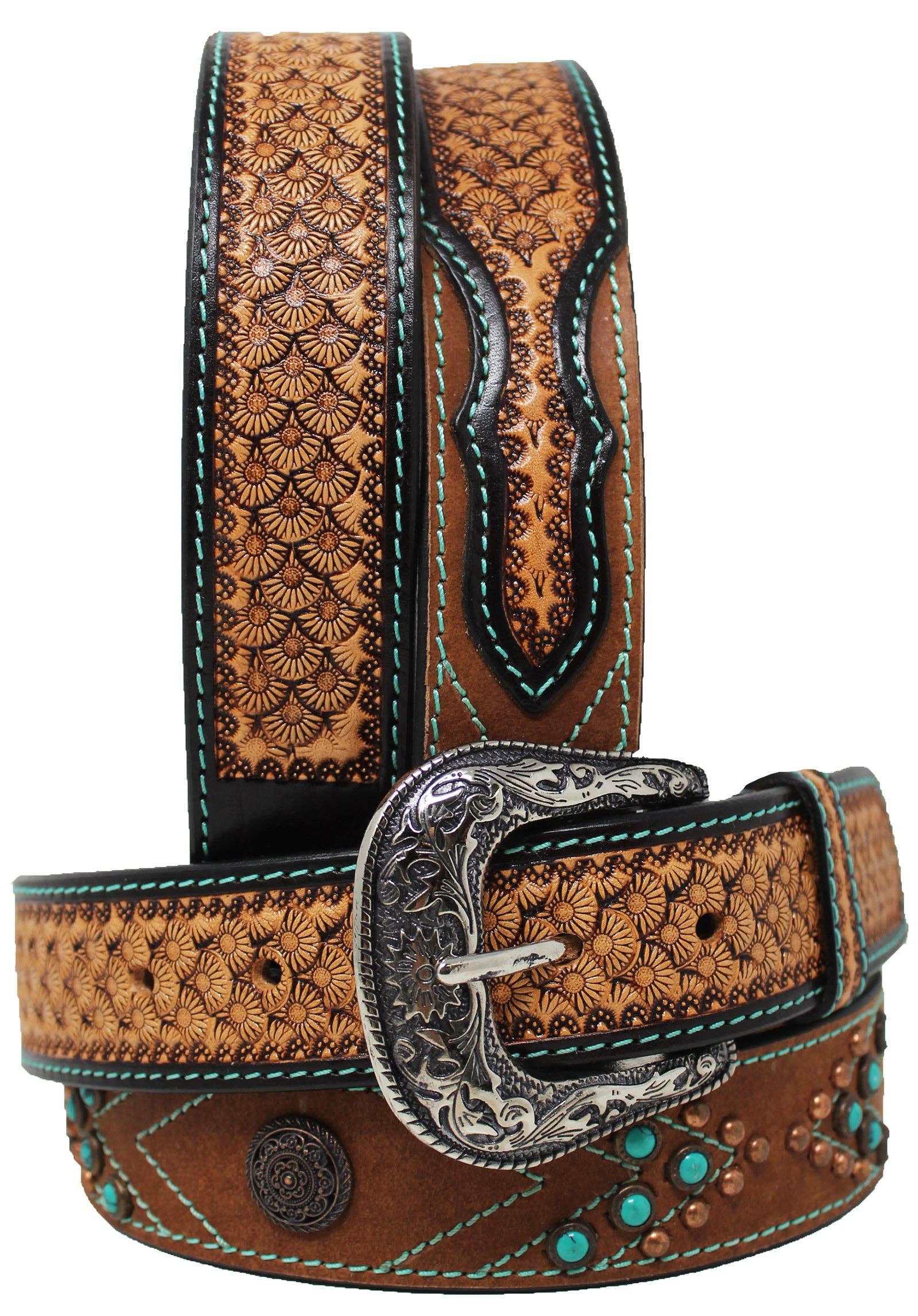 Challenger - Western Antique Turquoise Stone Full-Grain Leather Belt 26FK78