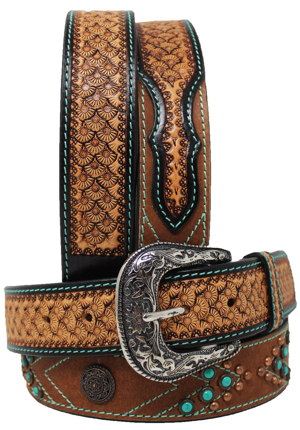 Challenger - Western Antique Turquoise Stone Full-Grain Leather Belt 26FK78