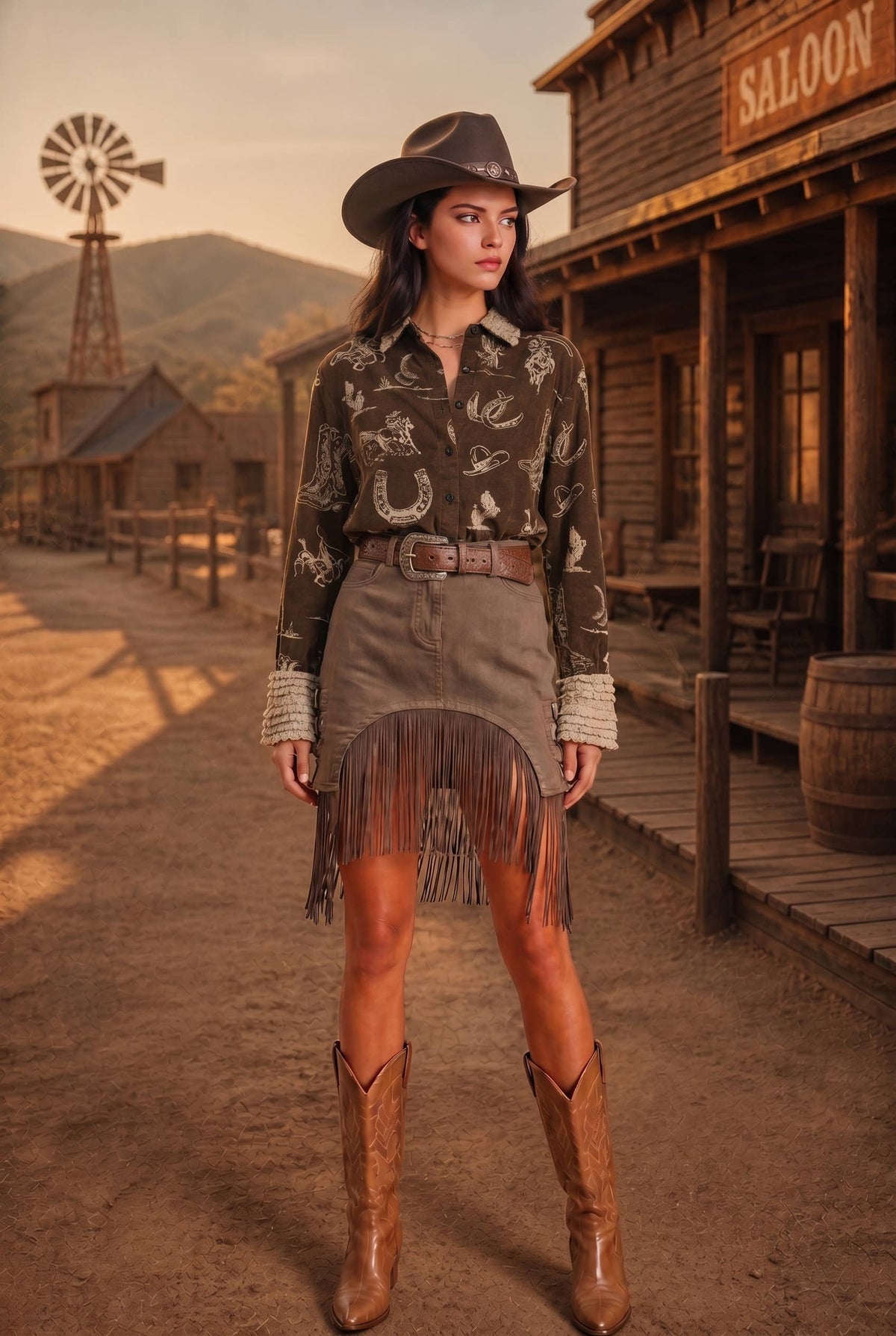 BONA BRAND - Tencel Western Print Lace Bell Cuff Collar Button Up Blouse