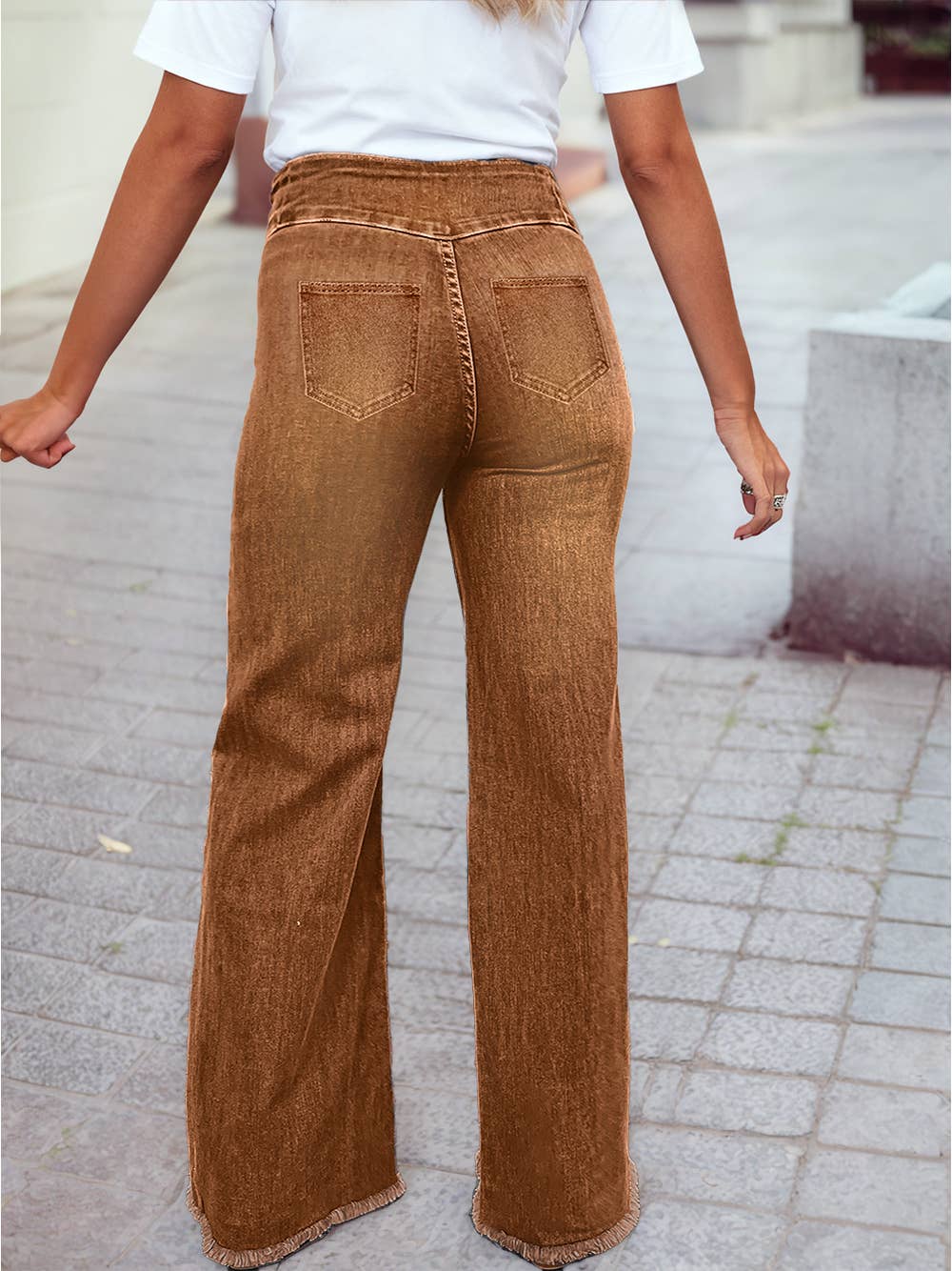 1 the Woman - High Waist Button Fly Seamed Raw Hem Flare Jeans with Pocket